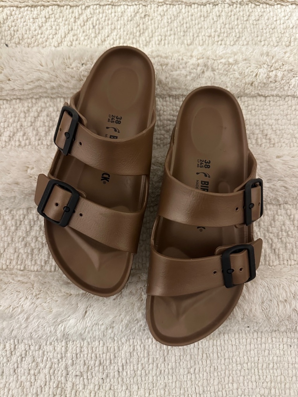 Birkenstock Brown Two-Buckle Slide Sandals with Black Buckles